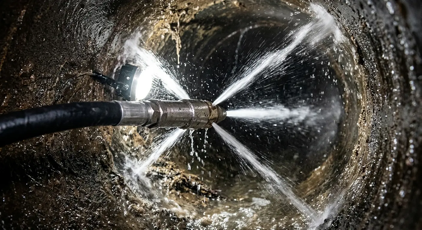 High-pressure hydro jetting nozzle cleaning sewer pipe for Storm Drain Cleaning in Bolton