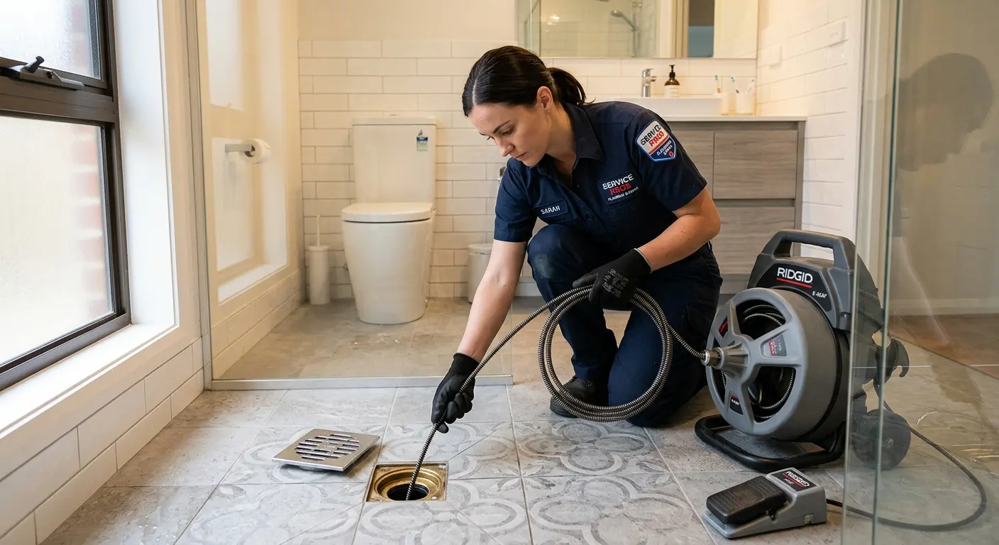 Technician clearing a bathroom floor drain for Hydro Jetting in Bolton